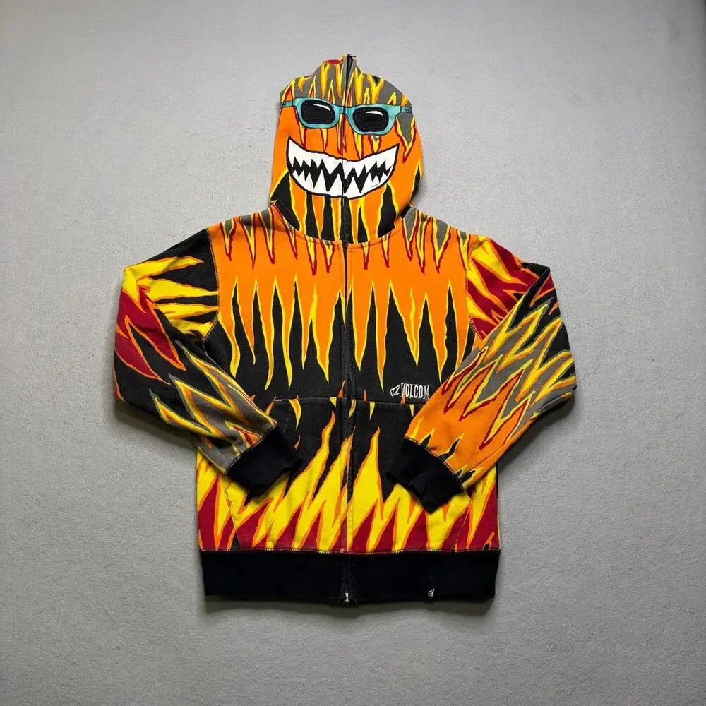 Volcom Flame Full Zip Hoodie Mask Face Surf Y2K‎ Skate Streetwear Men's XXS